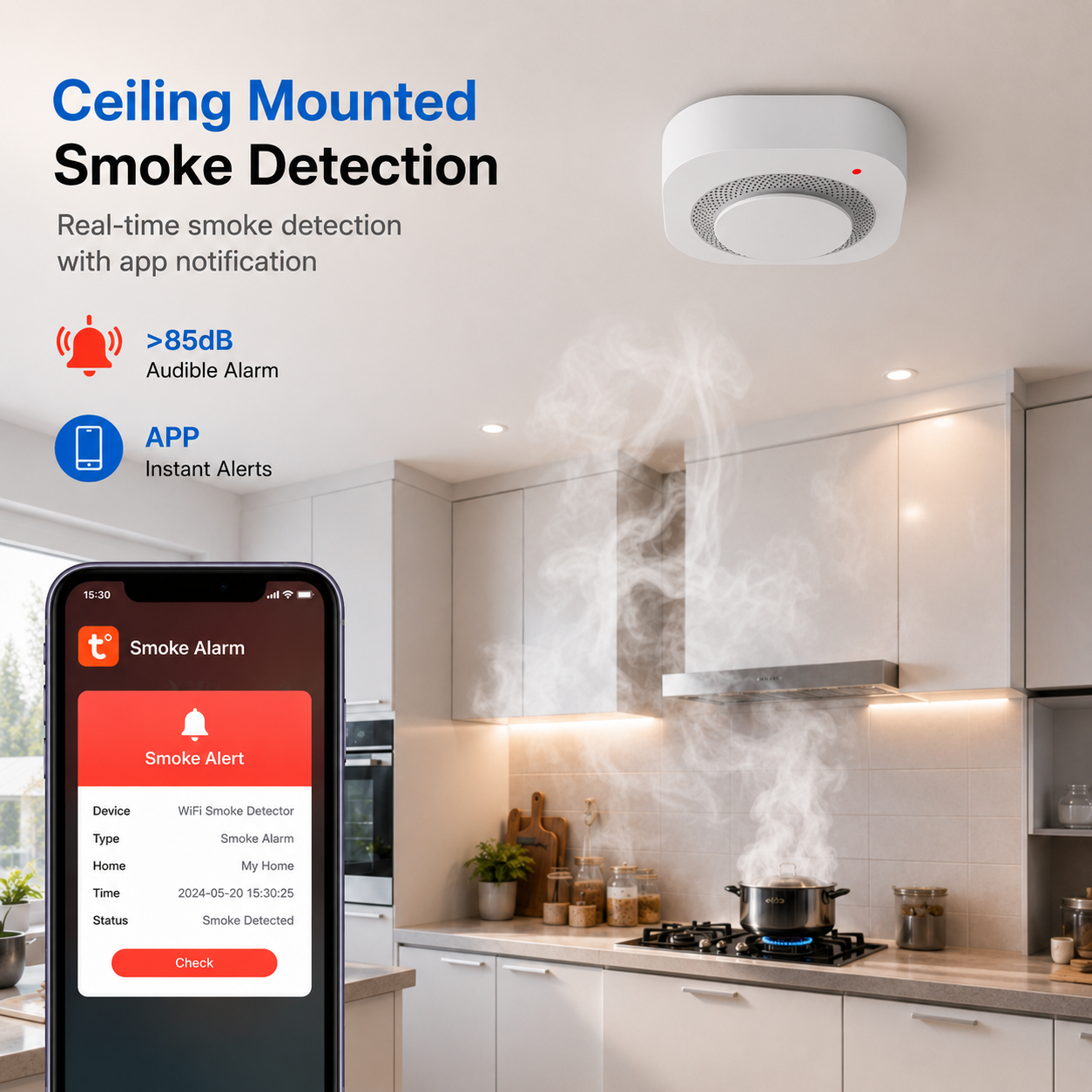 Ceiling Mounted WiFi Smoke Detector with App Notification