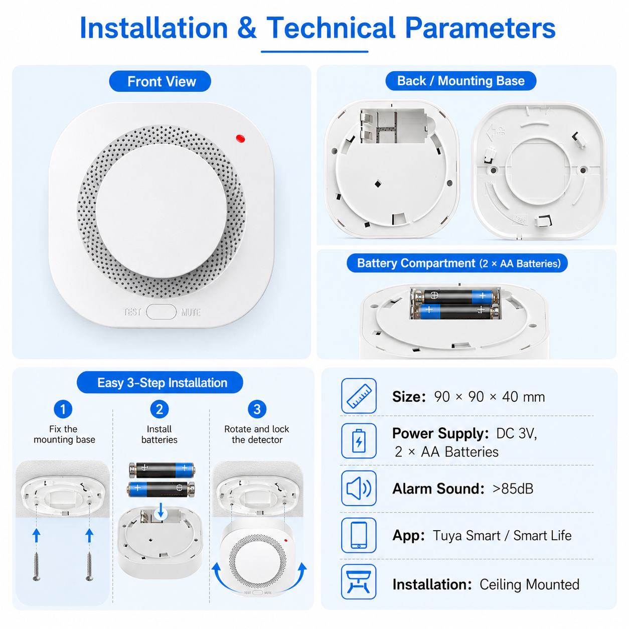 Tuya WiFi Smoke Detector Installation and Technical Parameters