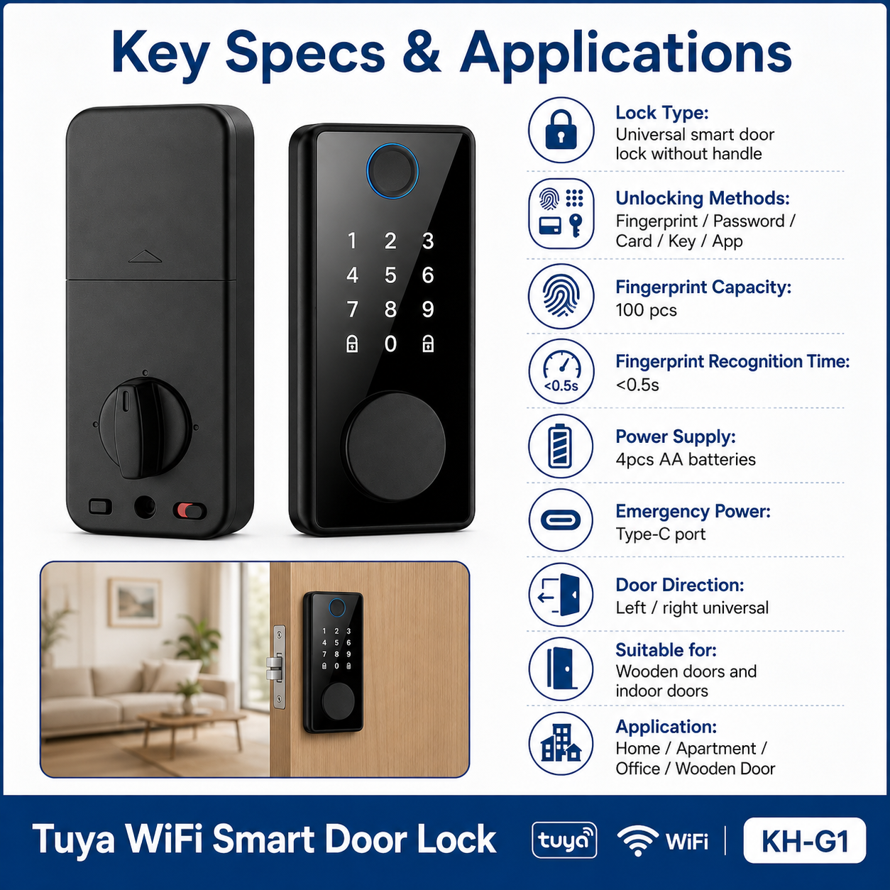 Tuya WiFi smart door lock key specs and applications