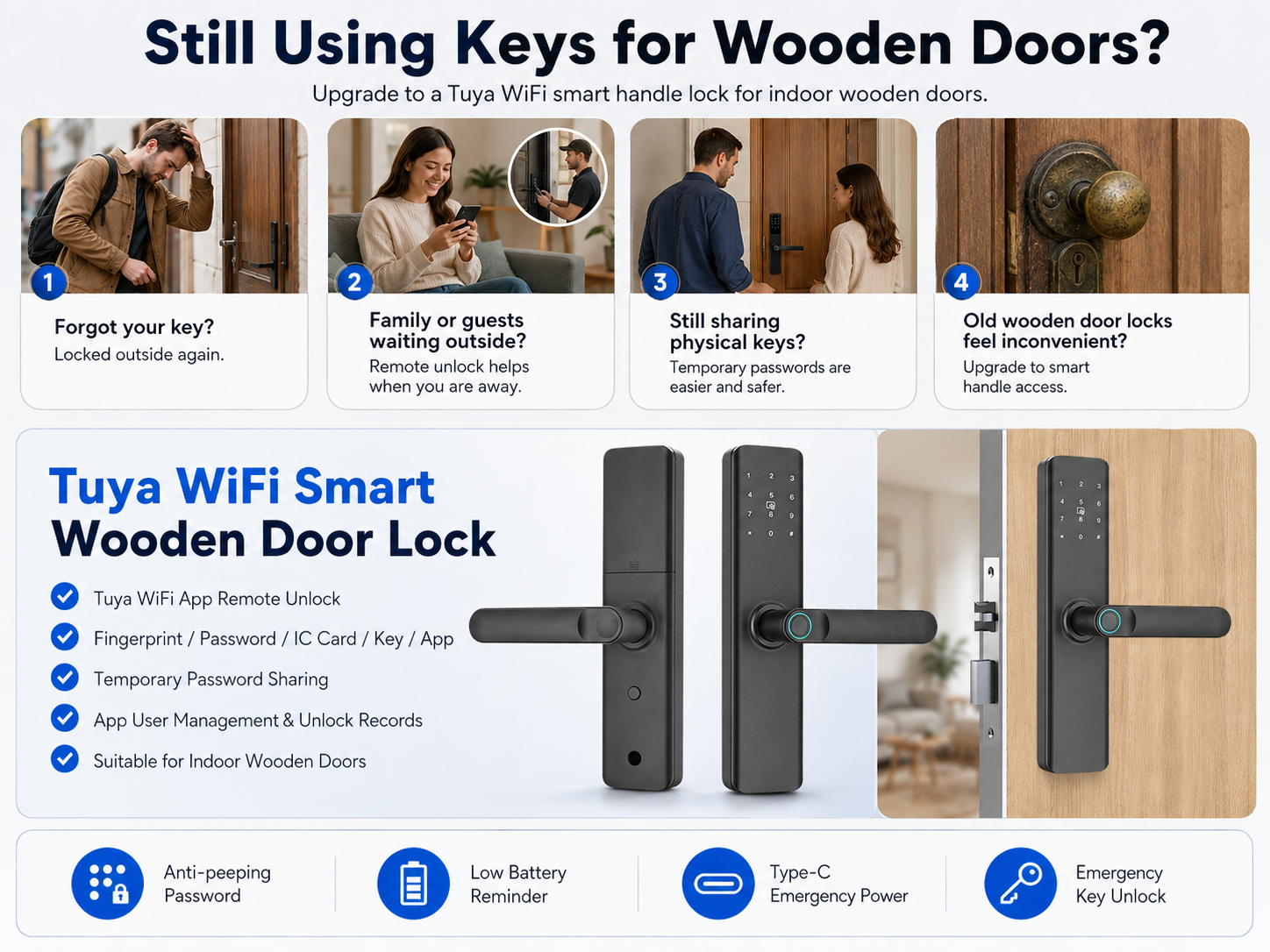 KH-M9 Tuya WiFi Smart Wooden Door Lock for indoor wooden doors