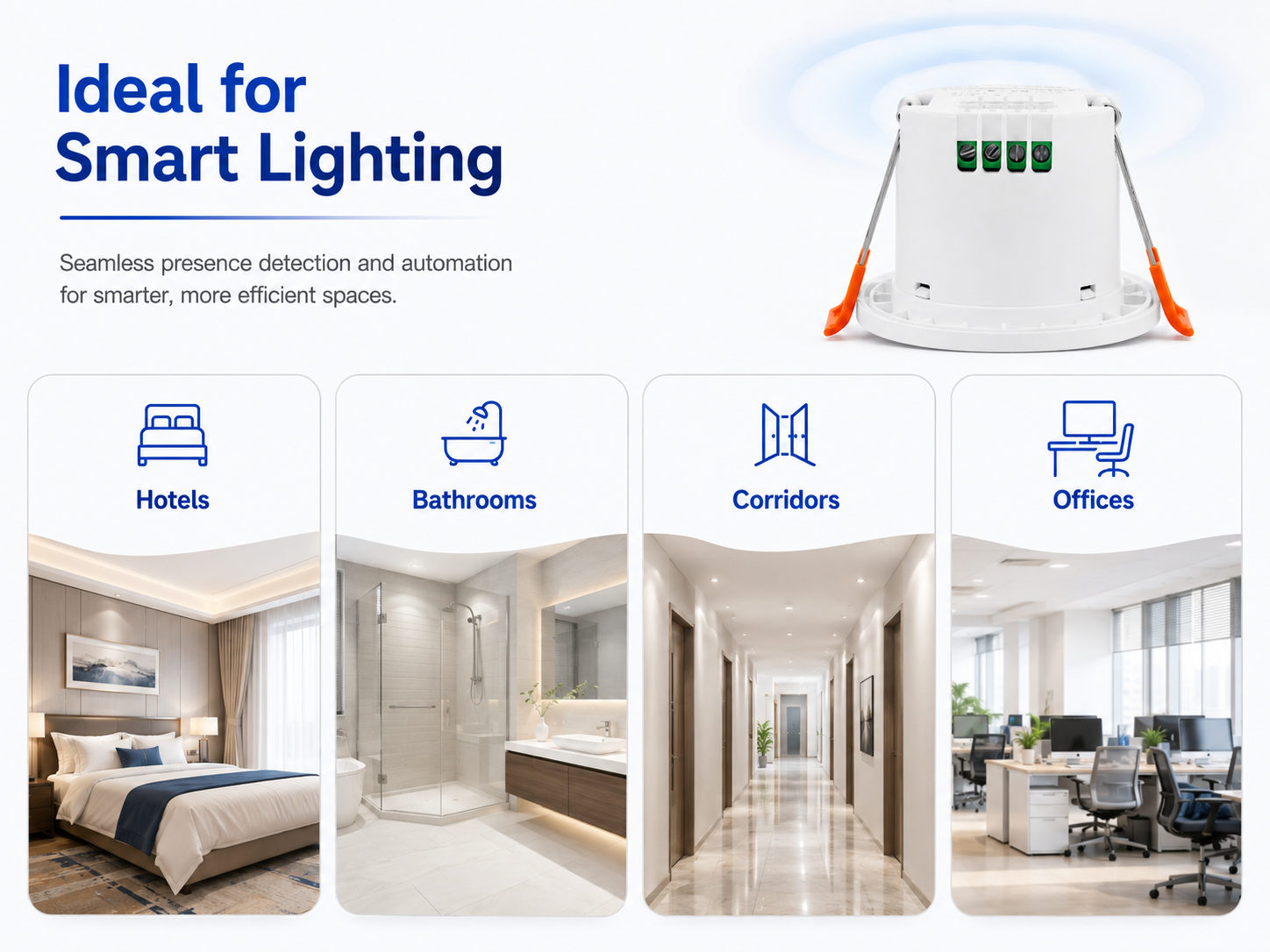 Human presence sensor applications for hotels bathrooms corridors and offices